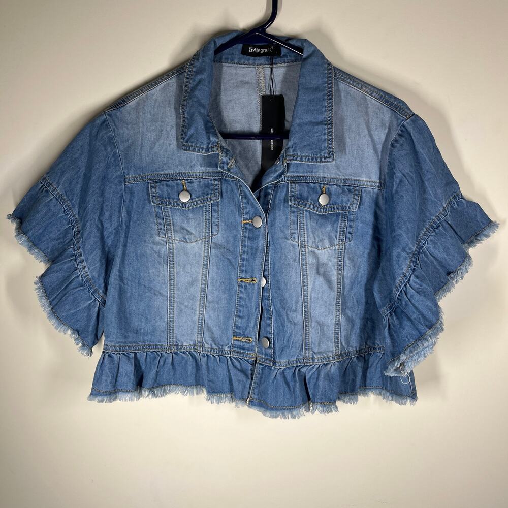 Allegra K Jacket Womens Large Top Layer Lt Wt Denim Cropped Ruffled Jean Frayed - Picture 2 of 12